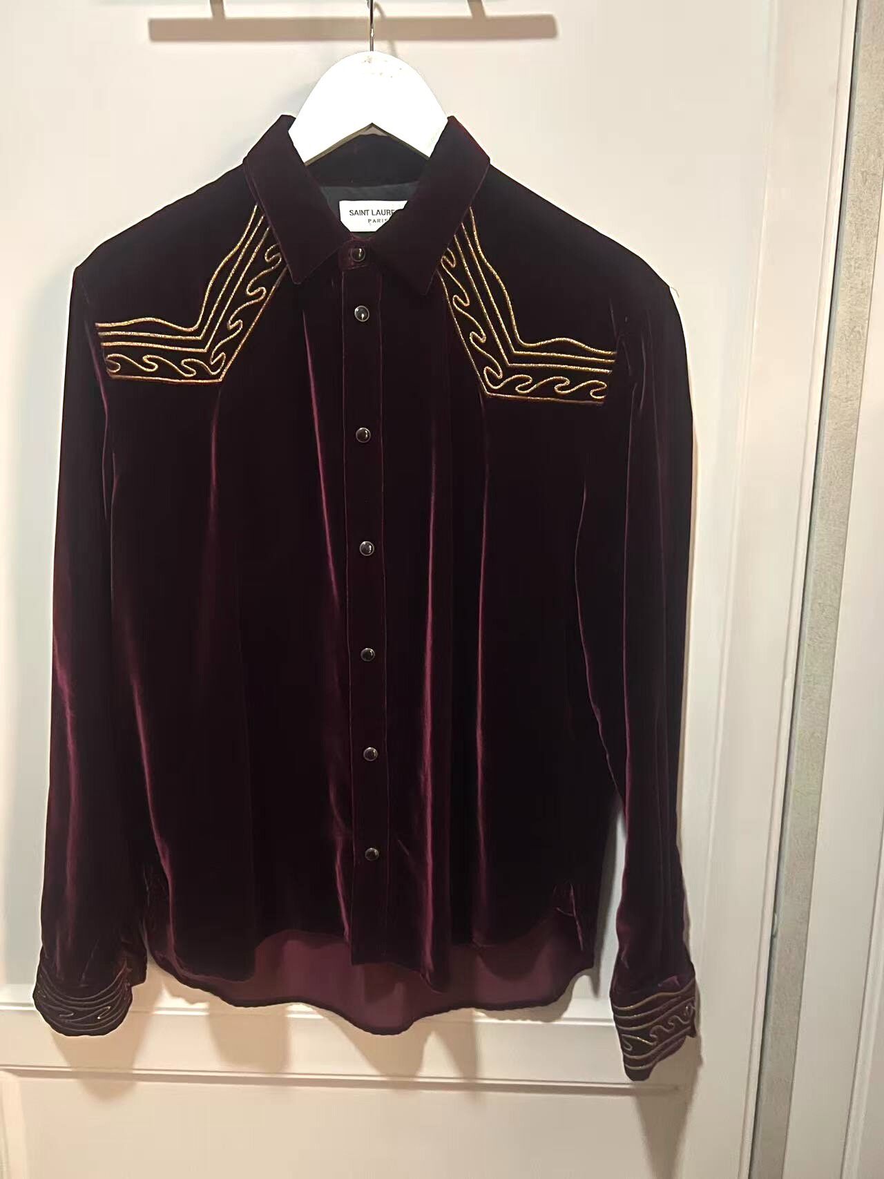 Saint Laurent Red Velvet Gold Embroidery Shirt — detail