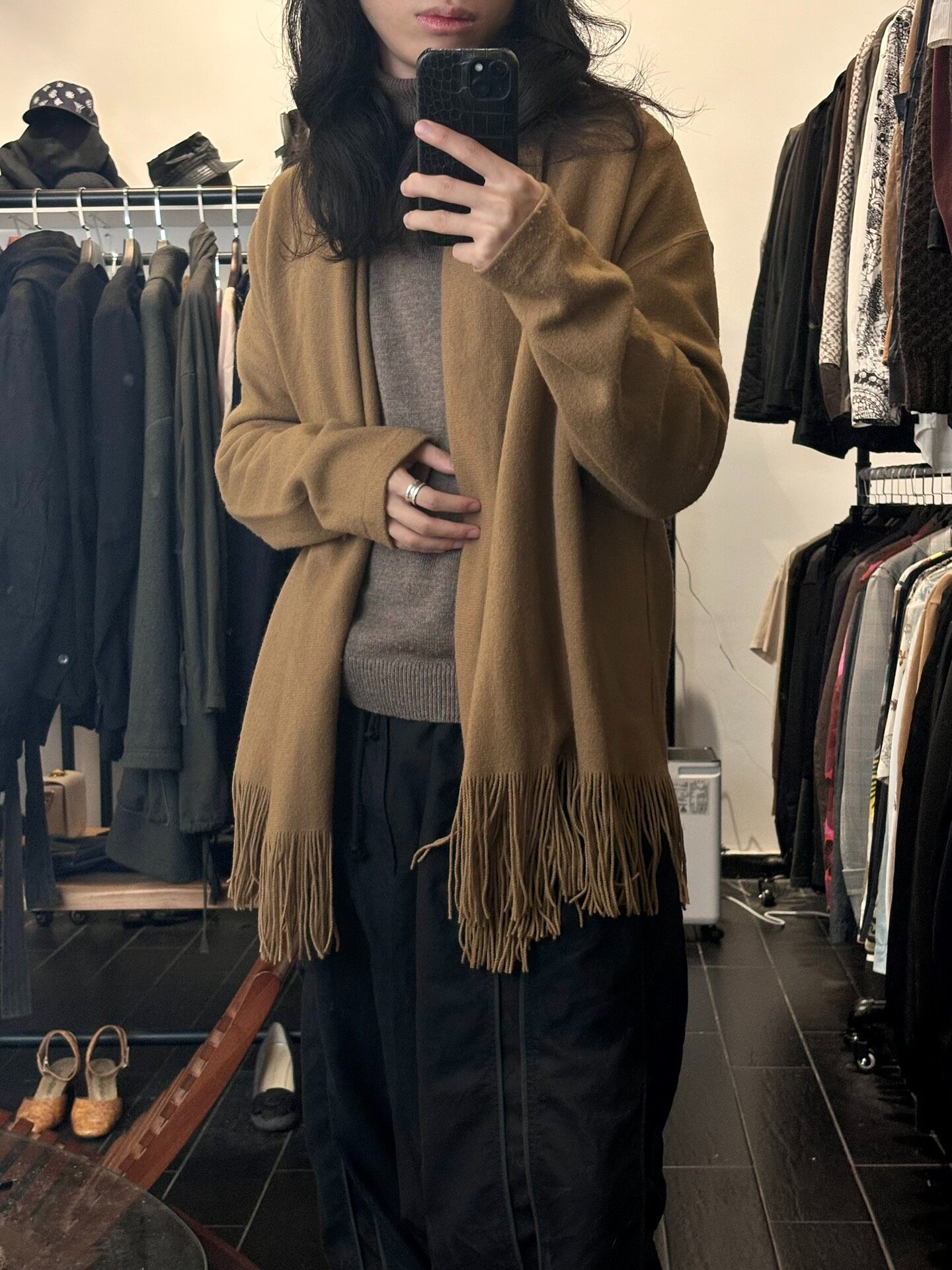 Yohji Yamamoto 80s Fringed Wool Coat — front