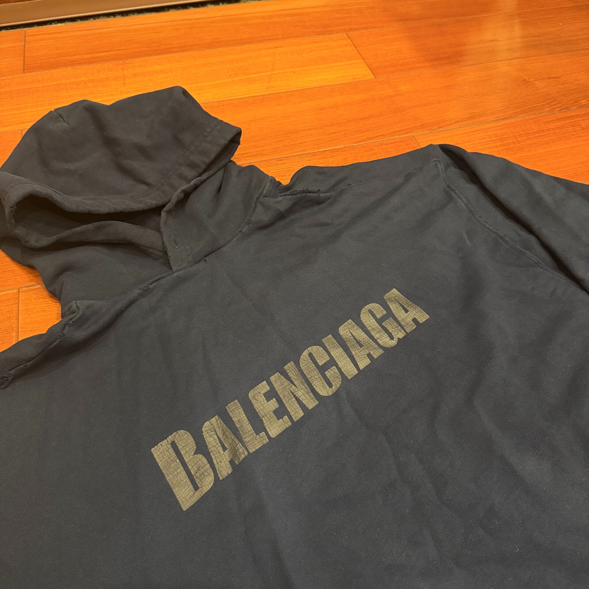 Balenciaga Navy Cracked Logo Hoodie — front