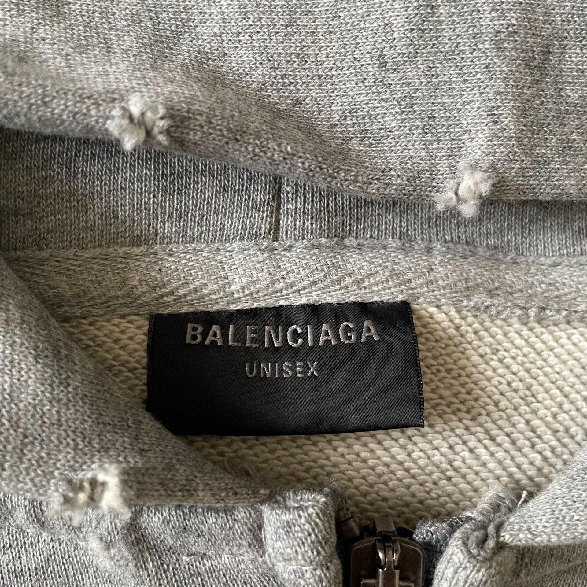 Balenciaga Gray Distressed Zip-Up Hoodie — detail