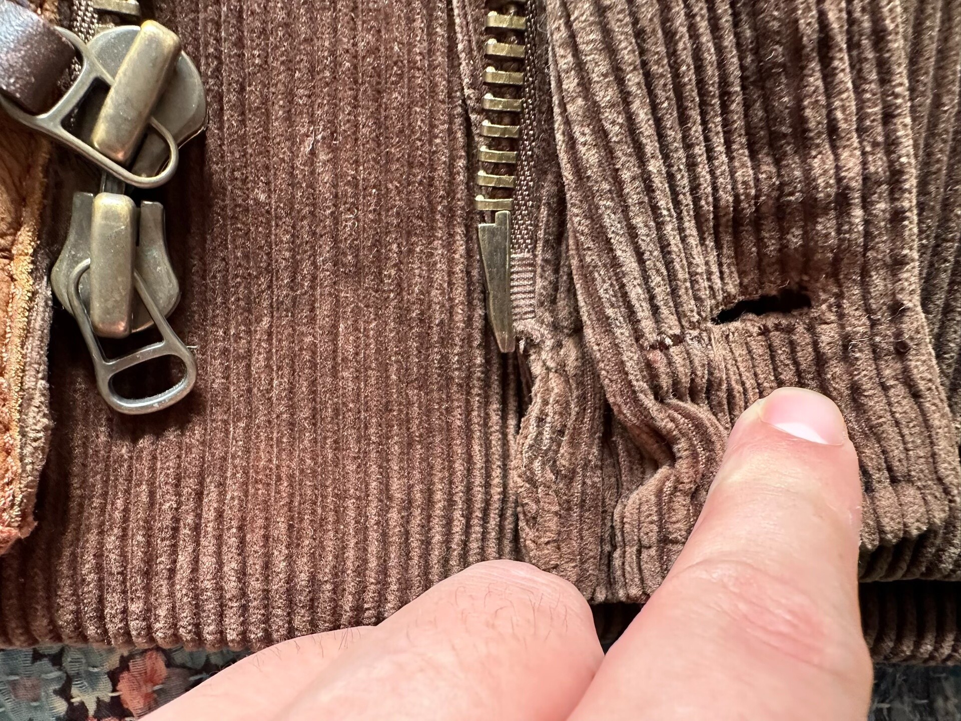 Polo RRL Corduroy Leather Trim Down Vest — detail