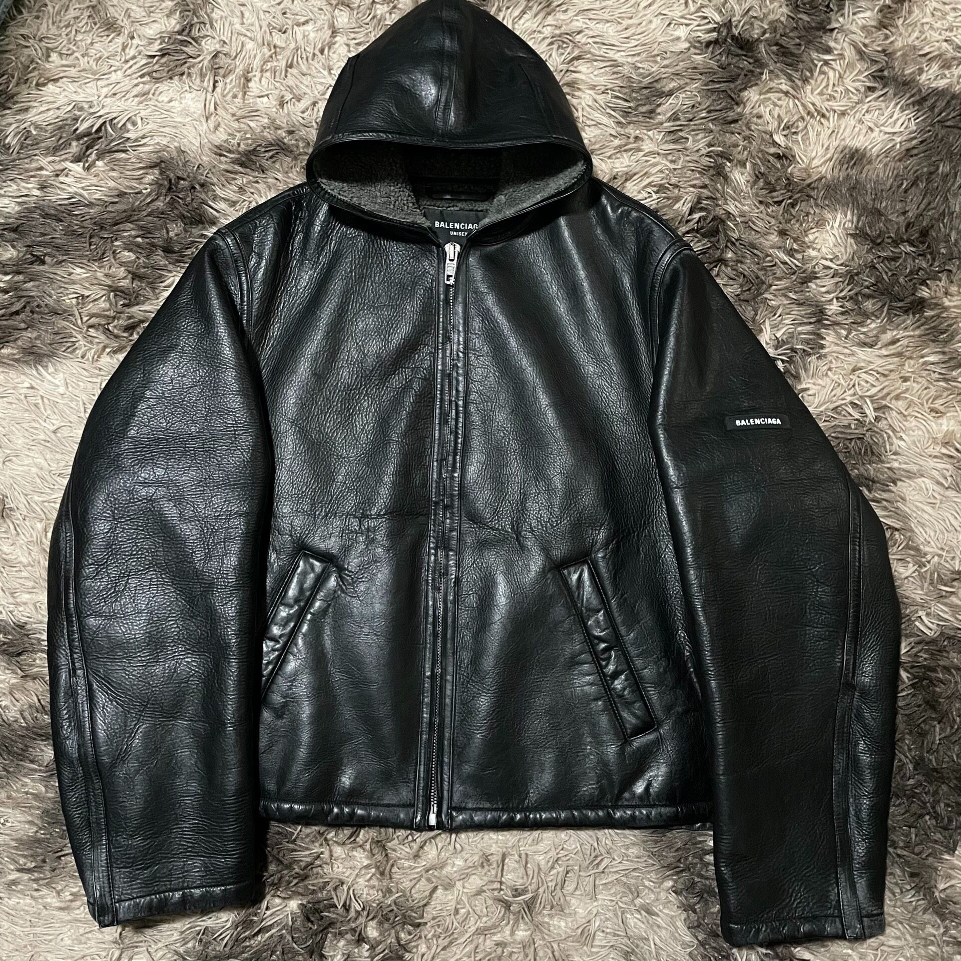 Balenciaga Hooded Leather Fleece Jacket