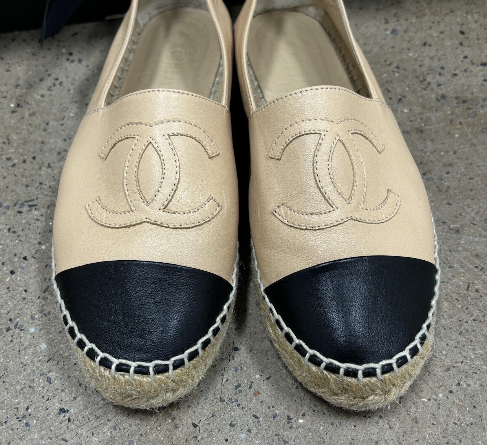 Chanel Beige-Black Espadrille Shoes — front