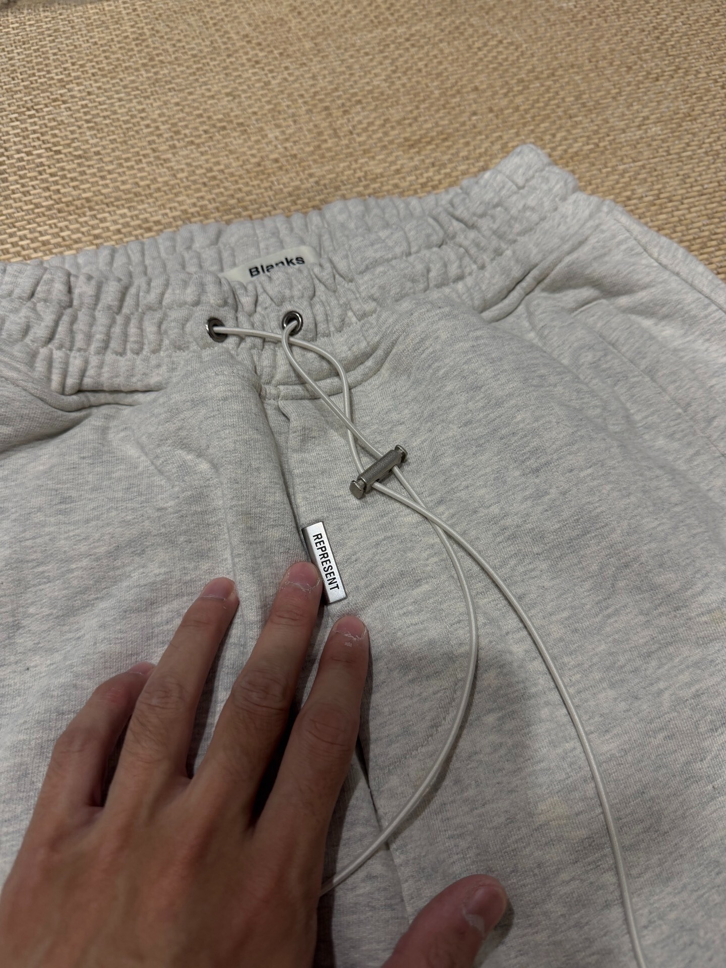 Oatmeal Gray Embroidered Drawstring Sweatpants — detail